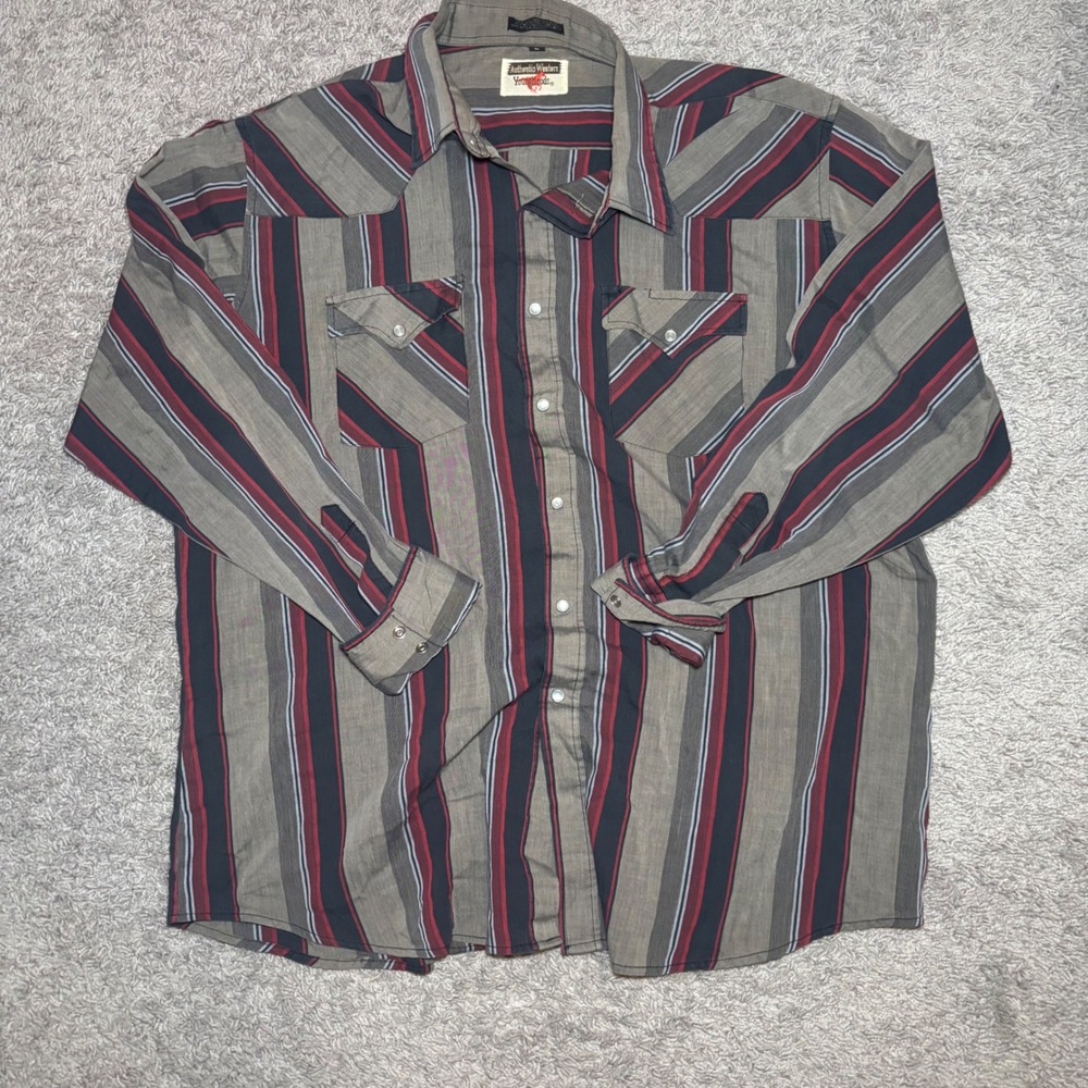 Youngbloods Authentic Western Pearl Snap Shirt Mens XL Grey Red Striped Long Slv